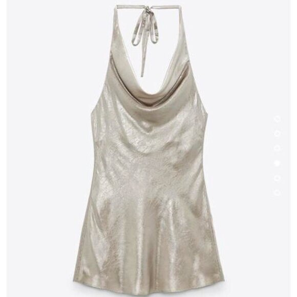 Zara Metallic Gold Silver Draped Halter Mini Dress NWT Size Small - Picture 3 of 10